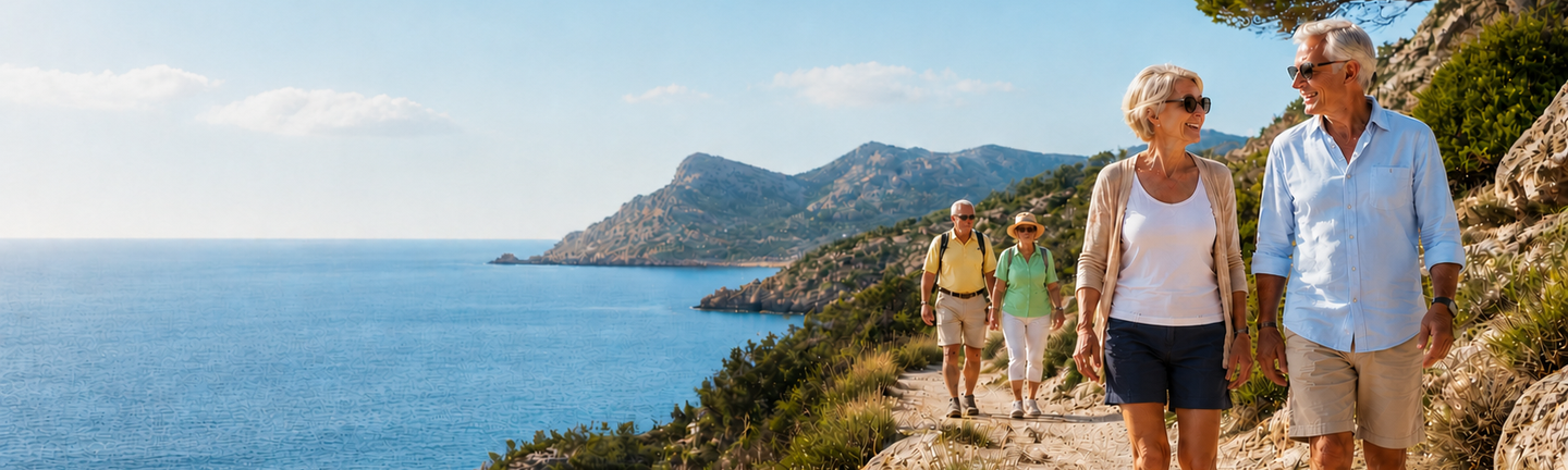 Universal Mallorca Travel Küstenmotiv auf Mallorca mit zwei älteren, aktiven Paaren beim entspannten Wandern am Meer entlang