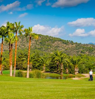 Universal Mallorca Travel Golf Golfplatz TGolf und Country Club Calvia Mallorca Green Golfer Golfwagen Palmen Berg