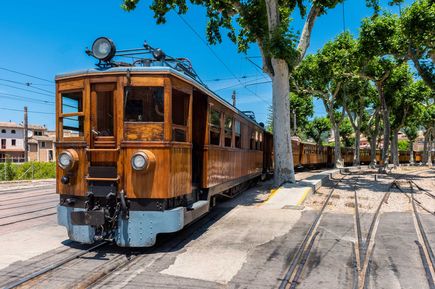 Tren de Soller der rote Blitz fährt von Soller nach Palma und zurück durch Orangenhaine