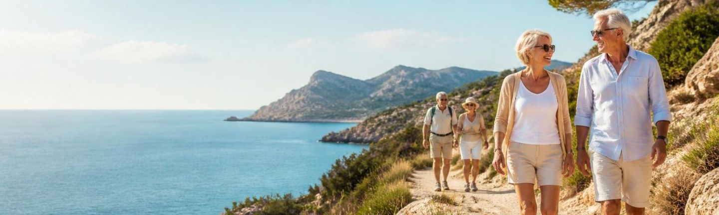 Universal Mallorca Travel Küstenmotiv auf Mallorca mit zwei älteren, aktiven Paaren beim entspannten Wandern am Meer entlang